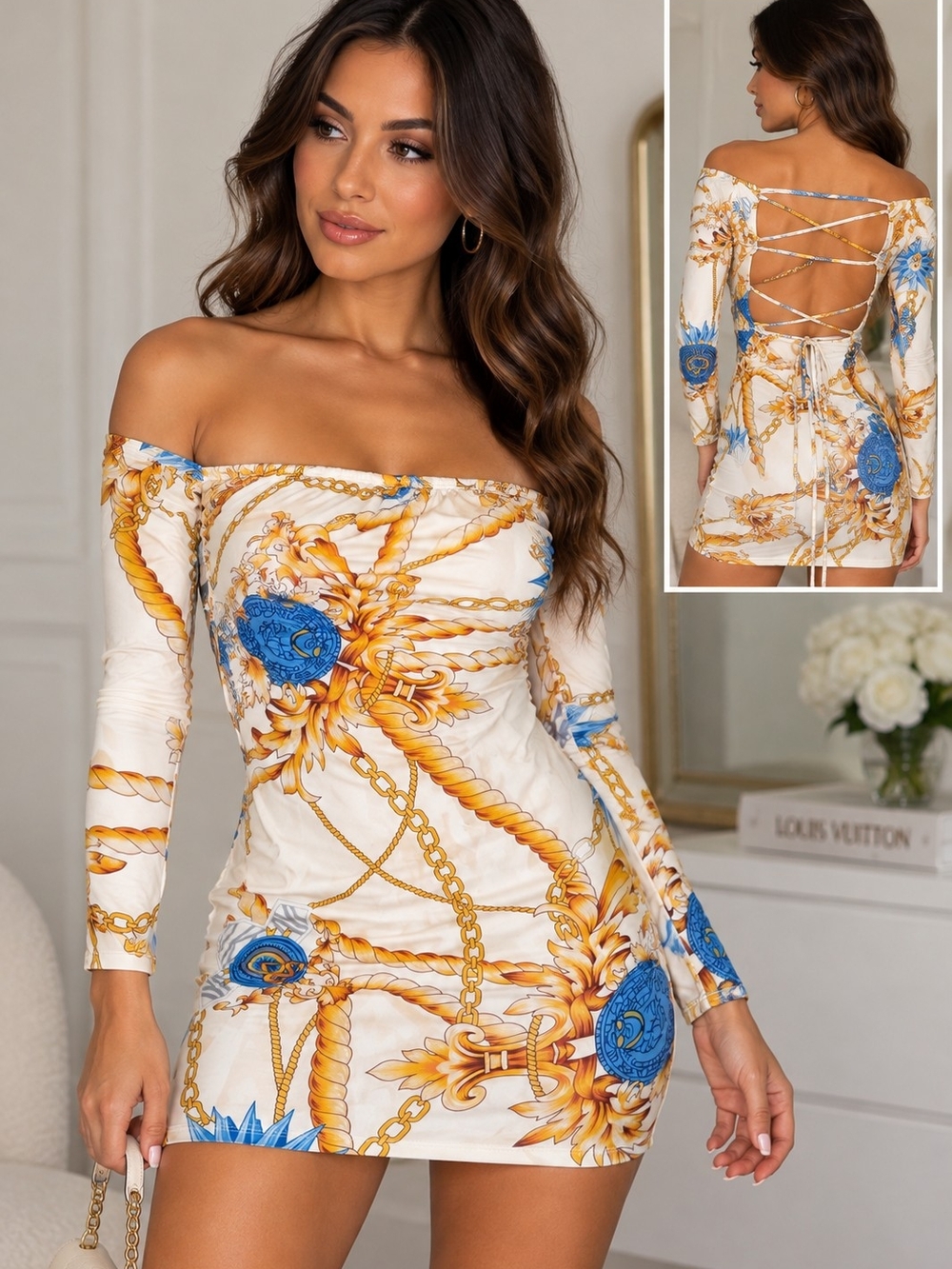 Off-Shoulder Baroque Print Mini Dress - White & Blue
